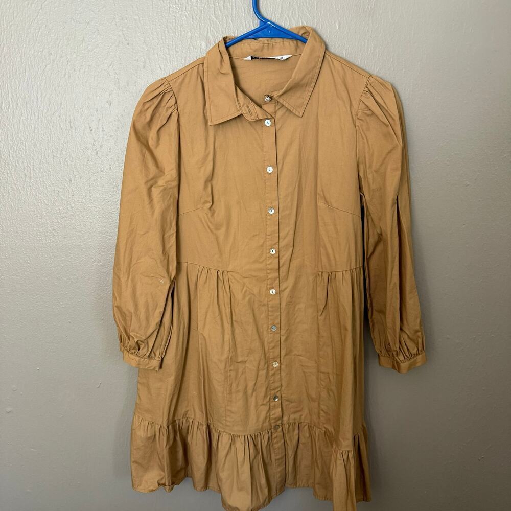 ZARA Khaki Tiered Mini Dress Long Sleeve Collar Fall Size XS button up knee